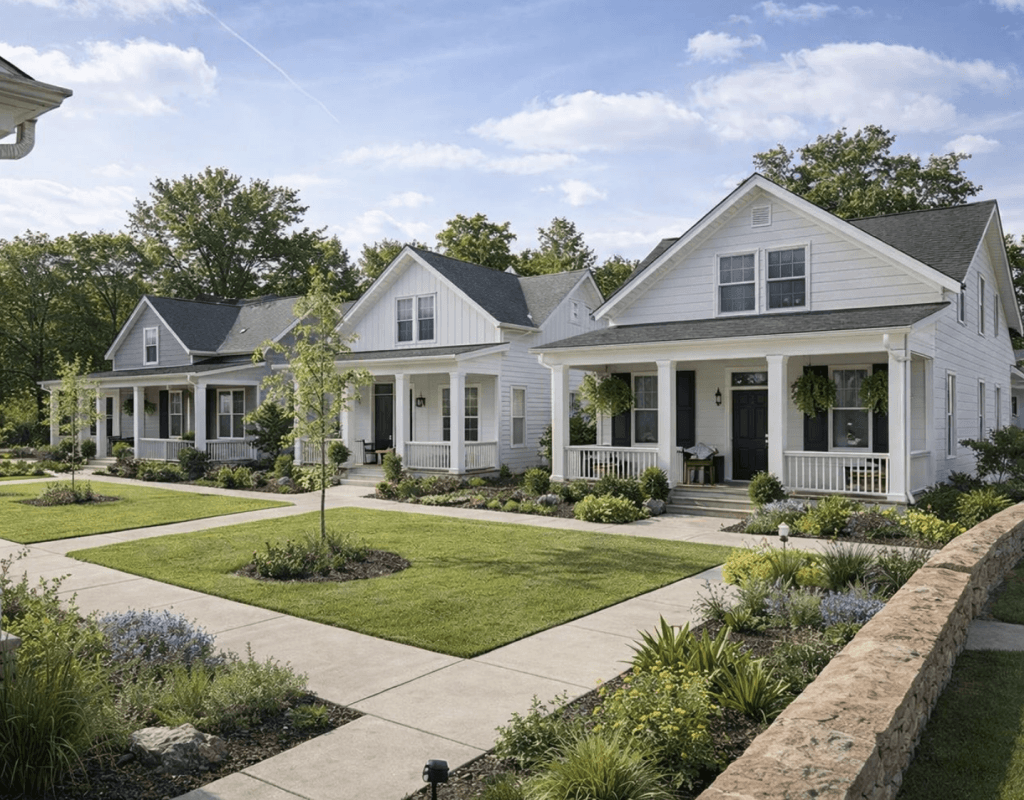 Three charming cottages with greenery near the sidewalks.